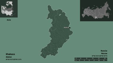 Hakass 'ın şekli, Rusya Cumhuriyeti ve başkenti. Uzaklık ölçeği, ön gösterimler ve etiketler. Renkli yükseklik haritası. 3B görüntüleme