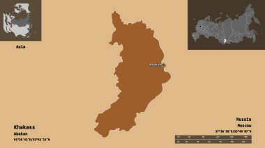 Hakass 'ın şekli, Rusya Cumhuriyeti ve başkenti. Uzaklık ölçeği, ön gösterimler ve etiketler. Düzenli desenli dokuların bileşimi. 3B görüntüleme