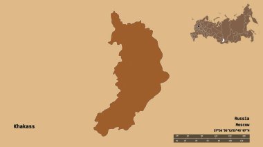 Rusya Cumhuriyeti 'nin başkenti Khakass' ın sağlam arka planda izole edilmiş hali. Uzaklık ölçeği, bölge önizlemesi ve etiketleri. Düzenli desenli dokuların bileşimi. 3B görüntüleme