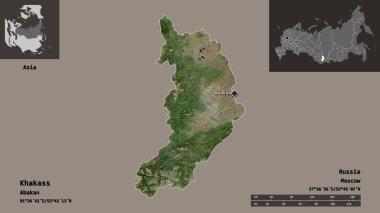 Hakass 'ın şekli, Rusya Cumhuriyeti ve başkenti. Uzaklık ölçeği, ön gösterimler ve etiketler. Uydu görüntüleri. 3B görüntüleme