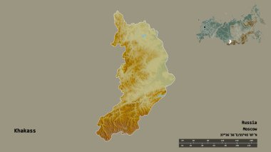 Rusya Cumhuriyeti 'nin başkenti Khakass' ın sağlam arka planda izole edilmiş hali. Uzaklık ölçeği, bölge önizlemesi ve etiketleri. Topografik yardım haritası. 3B görüntüleme