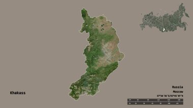 Rusya Cumhuriyeti 'nin başkenti Khakass' ın sağlam arka planda izole edilmiş hali. Uzaklık ölçeği, bölge önizlemesi ve etiketleri. Uydu görüntüleri. 3B görüntüleme