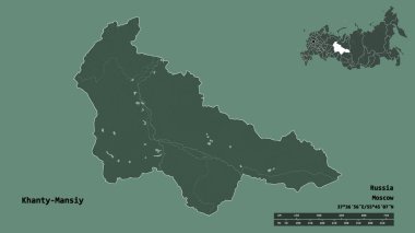 Khanty-Mansiy 'in şekli, Rusya' nın özerk bölgesi, başkenti sağlam bir zemin üzerinde izole edilmiş. Uzaklık ölçeği, bölge önizlemesi ve etiketleri. Renkli yükseklik haritası. 3B görüntüleme