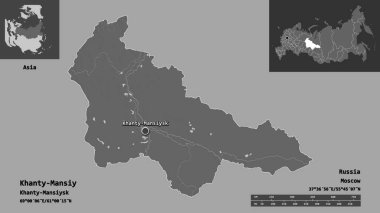 Hanty-Mansiy 'in şekli, Rusya' nın özerk bölgesi ve başkenti. Uzaklık ölçeği, ön gösterimler ve etiketler. Çift seviyeli yükseklik haritası. 3B görüntüleme