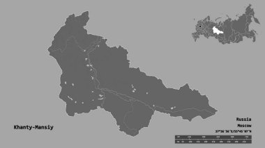 Khanty-Mansiy 'in şekli, Rusya' nın özerk bölgesi, başkenti sağlam bir zemin üzerinde izole edilmiş. Uzaklık ölçeği, bölge önizlemesi ve etiketleri. Çift seviyeli yükseklik haritası. 3B görüntüleme