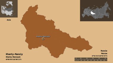 Hanty-Mansiy 'in şekli, Rusya' nın özerk bölgesi ve başkenti. Uzaklık ölçeği, ön gösterimler ve etiketler. Düzenli desenli dokuların bileşimi. 3B görüntüleme