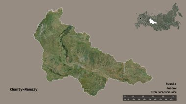 Khanty-Mansiy 'in şekli, Rusya' nın özerk bölgesi, başkenti sağlam bir zemin üzerinde izole edilmiş. Uzaklık ölçeği, bölge önizlemesi ve etiketleri. Uydu görüntüleri. 3B görüntüleme