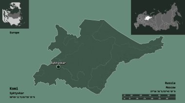 Komi 'nin şekli, Rusya Cumhuriyeti ve başkenti. Uzaklık ölçeği, ön gösterimler ve etiketler. Renkli yükseklik haritası. 3B görüntüleme