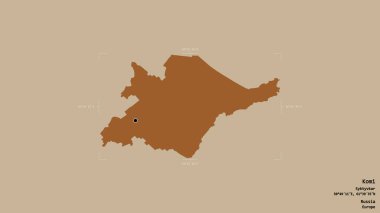 Rusya Cumhuriyeti 'nin Komi bölgesi jeoreferatlı bir sınır kutusunda sağlam bir arka planda izole edilmiş. Etiketler. Desenli dokuların bileşimi. 3B görüntüleme