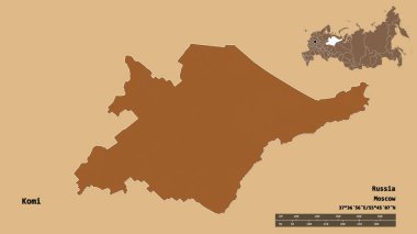 Rusya Cumhuriyeti 'nin başkenti Komi' nin şekli sağlam bir zemin üzerinde izole edilmiştir. Uzaklık ölçeği, bölge önizlemesi ve etiketleri. Düzenli desenli dokuların bileşimi. 3B görüntüleme