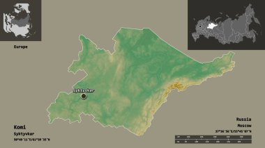 Komi 'nin şekli, Rusya Cumhuriyeti ve başkenti. Uzaklık ölçeği, ön gösterimler ve etiketler. Topografik yardım haritası. 3B görüntüleme