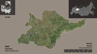 Komi 'nin şekli, Rusya Cumhuriyeti ve başkenti. Uzaklık ölçeği, ön gösterimler ve etiketler. Uydu görüntüleri. 3B görüntüleme