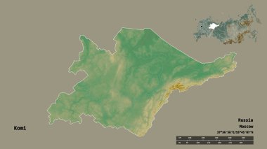 Rusya Cumhuriyeti 'nin başkenti Komi' nin şekli sağlam bir zemin üzerinde izole edilmiştir. Uzaklık ölçeği, bölge önizlemesi ve etiketleri. Topografik yardım haritası. 3B görüntüleme
