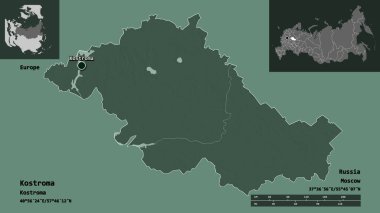 Kostroma 'nın şekli, Rusya bölgesi ve başkenti. Uzaklık ölçeği, ön gösterimler ve etiketler. Renkli yükseklik haritası. 3B görüntüleme