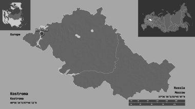 Kostroma 'nın şekli, Rusya bölgesi ve başkenti. Uzaklık ölçeği, ön gösterimler ve etiketler. Çift seviyeli yükseklik haritası. 3B görüntüleme