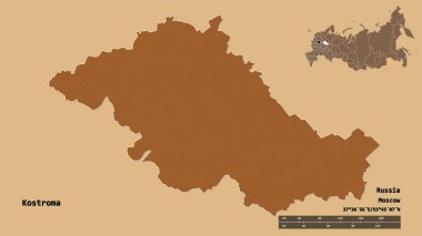 Rusya 'nın Kostroma bölgesi, başkenti sağlam bir zemin üzerinde izole edilmiş. Uzaklık ölçeği, bölge önizlemesi ve etiketleri. Düzenli desenli dokuların bileşimi. 3B görüntüleme