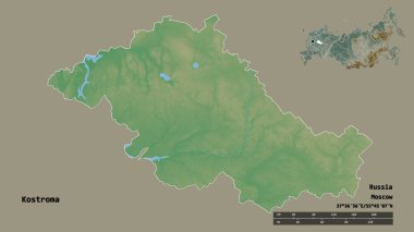 Rusya 'nın Kostroma bölgesi, başkenti sağlam bir zemin üzerinde izole edilmiş. Uzaklık ölçeği, bölge önizlemesi ve etiketleri. Topografik yardım haritası. 3B görüntüleme