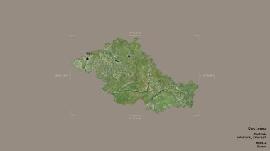 Rusya 'nın Kostroma bölgesi jeoreferatlı bir sınır kutusunda sağlam bir arka planda izole edilmiştir. Etiketler. Uydu görüntüleri. 3B görüntüleme
