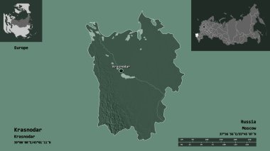 Krasnodar 'ın şekli, Rusya toprakları ve başkenti. Uzaklık ölçeği, ön gösterimler ve etiketler. Renkli yükseklik haritası. 3B görüntüleme