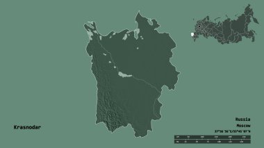 Rusya toprakları Krasnodar 'ın şekli, başkenti sağlam bir zemin üzerinde izole edilmiş. Uzaklık ölçeği, bölge önizlemesi ve etiketleri. Renkli yükseklik haritası. 3B görüntüleme