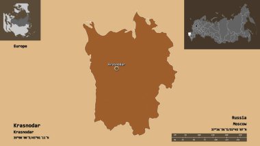 Krasnodar 'ın şekli, Rusya toprakları ve başkenti. Uzaklık ölçeği, ön gösterimler ve etiketler. Düzenli desenli dokuların bileşimi. 3B görüntüleme