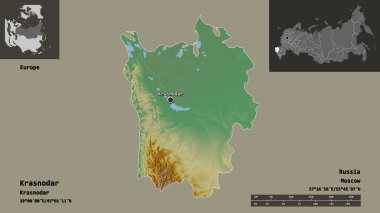 Krasnodar 'ın şekli, Rusya toprakları ve başkenti. Uzaklık ölçeği, ön gösterimler ve etiketler. Topografik yardım haritası. 3B görüntüleme