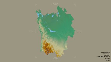 Krasnodar bölgesi, Rusya toprakları, jeoreferatlı bir sınır kutusunda sağlam bir arka planda izole edilmiş. Etiketler. Topografik yardım haritası. 3B görüntüleme