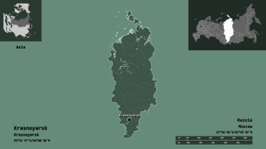 Krasnoyarsk 'ın şekli, Rusya toprakları ve başkenti. Uzaklık ölçeği, ön gösterimler ve etiketler. Renkli yükseklik haritası. 3B görüntüleme