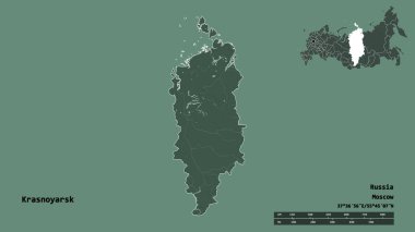 Rusya toprakları olan Krasnoyarsk 'ın şekli, başkenti sağlam bir zemin üzerinde izole edilmiştir. Uzaklık ölçeği, bölge önizlemesi ve etiketleri. Renkli yükseklik haritası. 3B görüntüleme