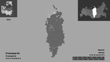 Krasnoyarsk 'ın şekli, Rusya toprakları ve başkenti. Uzaklık ölçeği, ön gösterimler ve etiketler. Çift seviyeli yükseklik haritası. 3B görüntüleme
