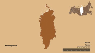 Rusya toprakları olan Krasnoyarsk 'ın şekli, başkenti sağlam bir zemin üzerinde izole edilmiştir. Uzaklık ölçeği, bölge önizlemesi ve etiketleri. Düzenli desenli dokuların bileşimi. 3B görüntüleme