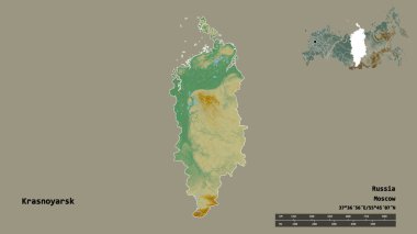 Rusya toprakları olan Krasnoyarsk 'ın şekli, başkenti sağlam bir zemin üzerinde izole edilmiştir. Uzaklık ölçeği, bölge önizlemesi ve etiketleri. Topografik yardım haritası. 3B görüntüleme