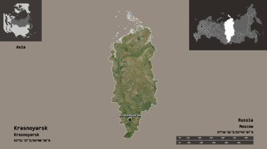 Krasnoyarsk 'ın şekli, Rusya toprakları ve başkenti. Uzaklık ölçeği, ön gösterimler ve etiketler. Uydu görüntüleri. 3B görüntüleme