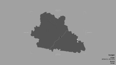 Rusya 'nın Kurgan bölgesi, jeoreferatlı bir sınır kutusunda sağlam bir arka planda izole edilmiş. Etiketler. Çift seviyeli yükseklik haritası. 3B görüntüleme