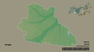 Rusya 'nın Kurgan bölgesi, başkenti sağlam bir zemin üzerinde izole edilmiş. Uzaklık ölçeği, bölge önizlemesi ve etiketleri. Topografik yardım haritası. 3B görüntüleme