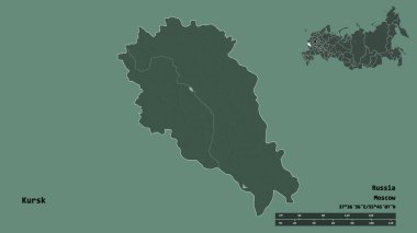 Rusya 'nın Kursk bölgesi, başkenti sağlam bir zemin üzerinde izole edilmiş. Uzaklık ölçeği, bölge önizlemesi ve etiketleri. Renkli yükseklik haritası. 3B görüntüleme