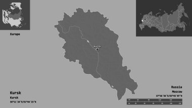 Kursk 'un şekli, Rusya bölgesi ve başkenti. Uzaklık ölçeği, ön gösterimler ve etiketler. Çift seviyeli yükseklik haritası. 3B görüntüleme