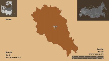 Kursk 'un şekli, Rusya bölgesi ve başkenti. Uzaklık ölçeği, ön gösterimler ve etiketler. Düzenli desenli dokuların bileşimi. 3B görüntüleme
