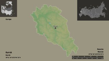 Kursk 'un şekli, Rusya bölgesi ve başkenti. Uzaklık ölçeği, ön gösterimler ve etiketler. Topografik yardım haritası. 3B görüntüleme