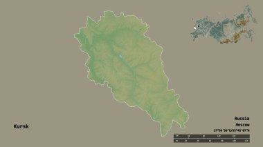 Rusya 'nın Kursk bölgesi, başkenti sağlam bir zemin üzerinde izole edilmiş. Uzaklık ölçeği, bölge önizlemesi ve etiketleri. Topografik yardım haritası. 3B görüntüleme