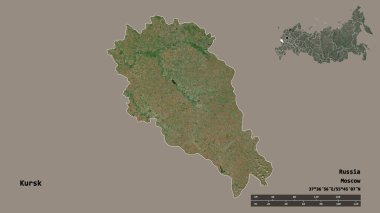 Rusya 'nın Kursk bölgesi, başkenti sağlam bir zemin üzerinde izole edilmiş. Uzaklık ölçeği, bölge önizlemesi ve etiketleri. Uydu görüntüleri. 3B görüntüleme