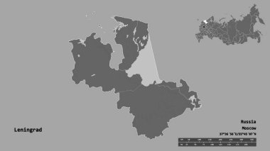 Rusya 'nın Leningrad bölgesi, başkenti sağlam bir zemin üzerinde izole edilmiş. Uzaklık ölçeği, bölge önizlemesi ve etiketleri. Çift seviyeli yükseklik haritası. 3B görüntüleme
