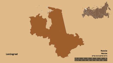 Rusya 'nın Leningrad bölgesi, başkenti sağlam bir zemin üzerinde izole edilmiş. Uzaklık ölçeği, bölge önizlemesi ve etiketleri. Düzenli desenli dokuların bileşimi. 3B görüntüleme