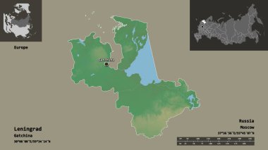 Leningrad 'ın şekli, Rusya bölgesi ve başkenti. Uzaklık ölçeği, ön gösterimler ve etiketler. Topografik yardım haritası. 3B görüntüleme