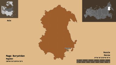 Maga Buryatdan 'ın şekli, Rusya bölgesi ve başkenti. Uzaklık ölçeği, ön gösterimler ve etiketler. Düzenli desenli dokuların bileşimi. 3B görüntüleme