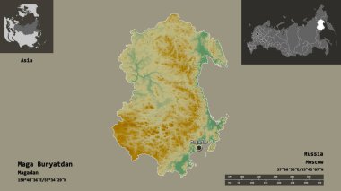 Maga Buryatdan 'ın şekli, Rusya bölgesi ve başkenti. Uzaklık ölçeği, ön gösterimler ve etiketler. Topografik yardım haritası. 3B görüntüleme