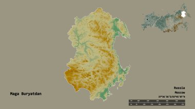 Rusya 'nın başkenti Maga Buryatdan' ın katı arka planda izole edilmiş hali. Uzaklık ölçeği, bölge önizlemesi ve etiketleri. Topografik yardım haritası. 3B görüntüleme