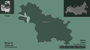 Mariy-El 'in sureti, Rusya Cumhuriyeti ve başkenti. Uzaklık ölçeği, ön gösterimler ve etiketler. Renkli yükseklik haritası. 3B görüntüleme