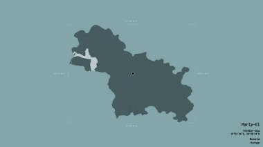 Mariy-El bölgesi, Rusya Cumhuriyeti, jeoreferatlı bir sınır kutusunda sağlam bir arka planda izole edilmiş. Etiketler. Renkli yükseklik haritası. 3B görüntüleme
