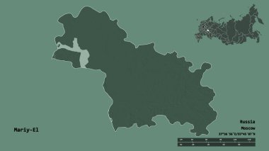 Rusya Cumhuriyeti 'nin başkenti Mariy-El' in sureti sağlam bir zeminde izole edilmiştir. Uzaklık ölçeği, bölge önizlemesi ve etiketleri. Renkli yükseklik haritası. 3B görüntüleme